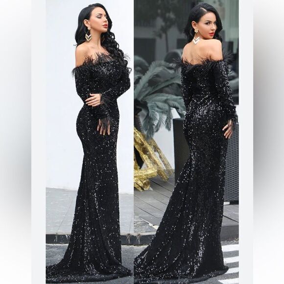 NWT Off-the-shoulder Party Dress Feather Long Sleeve Sequin Evening Dress - Picture 1 of 15